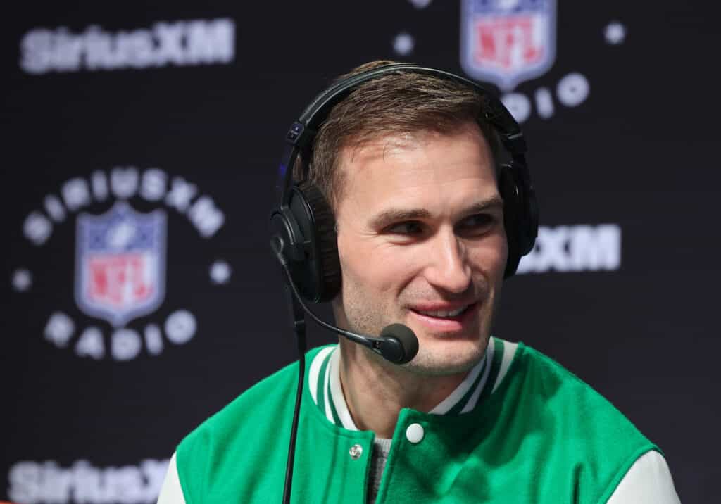 LAS VEGAS, NEVADA - FEBRUARY 09: Kirk Cousins speaks on SiriusXM at Super Bowl LVIII on February 09, 2024 in Las Vegas, Nevada. 