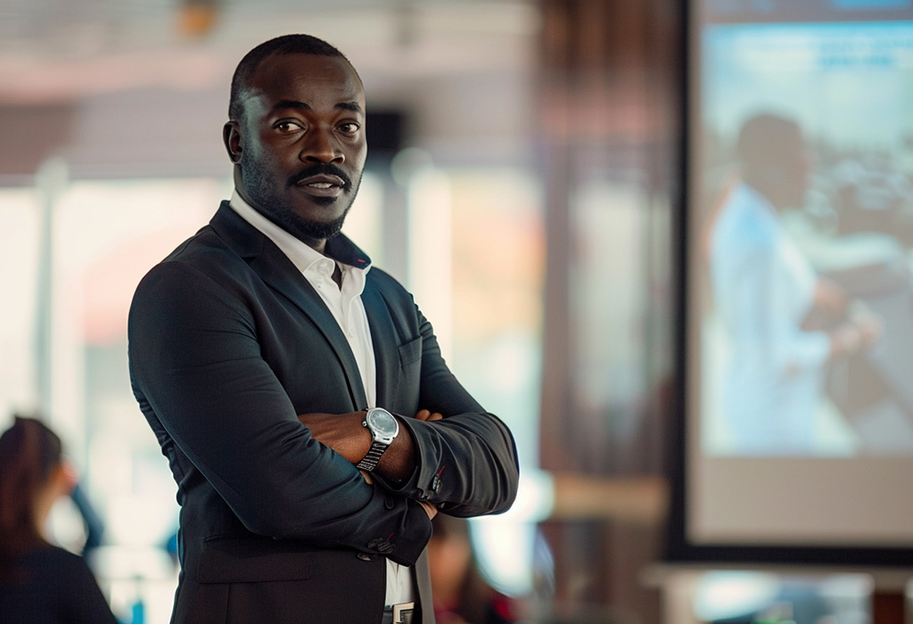 man observing audience before presentation