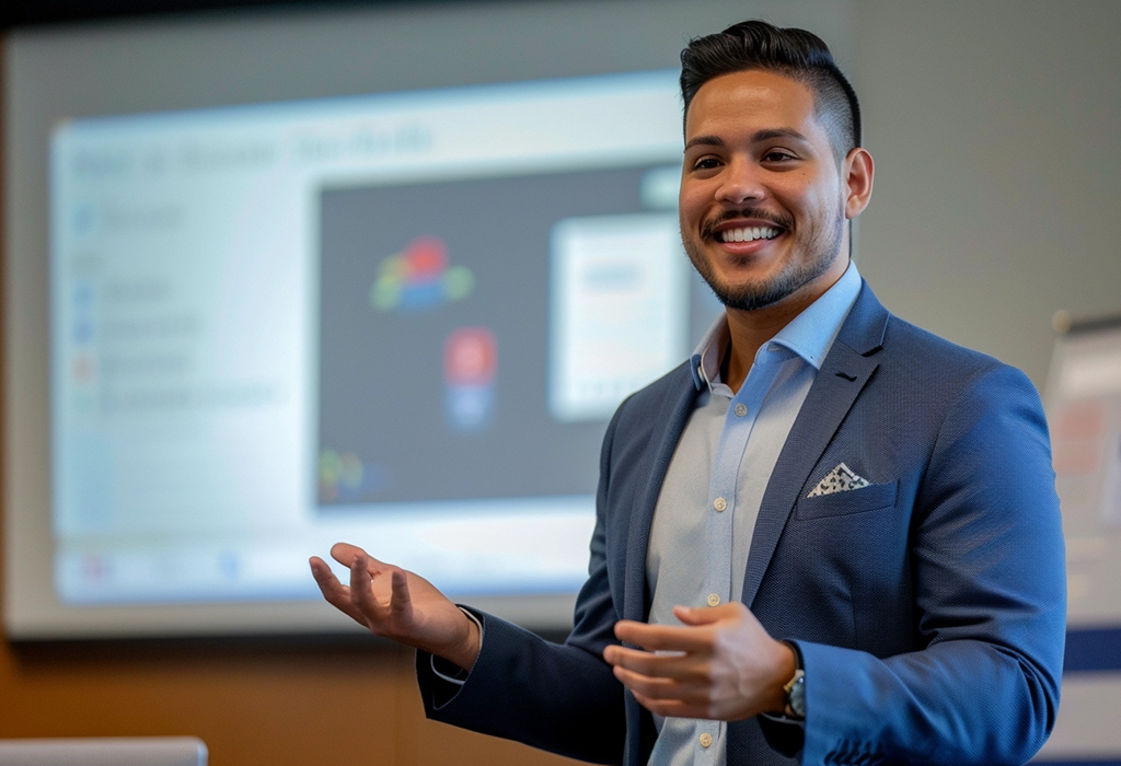 guy giving presentation with powerpoint slides and projector