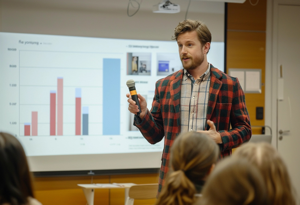 man with mic giving presentation