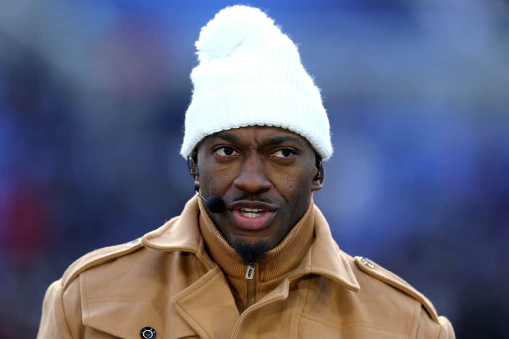 BALTIMORE, MARYLAND - JANUARY 20: Former NFL quarterback and current ESPN analyst Robert Griffin III looks on before the start of the Baltimore Ravens and Houston Texans AFC Divisional Playoff game at M&T Bank Stadium on January 20, 2024 in Baltimore, Maryland.