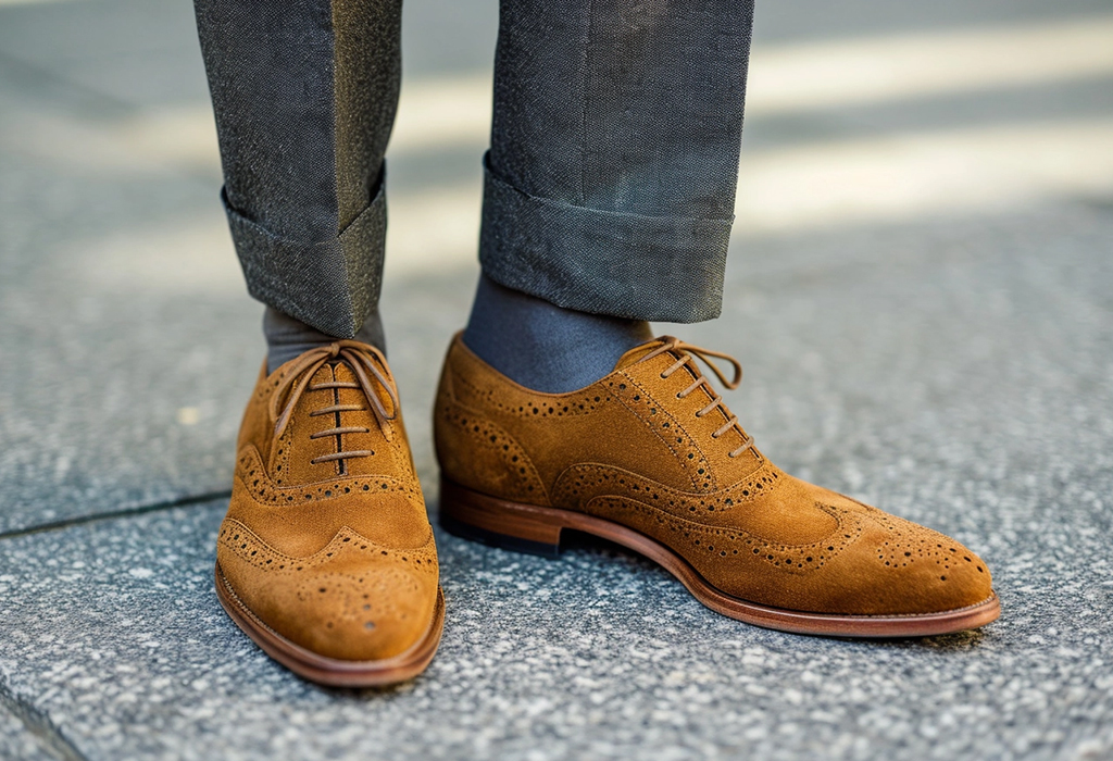 pleated trousers with suede brogues