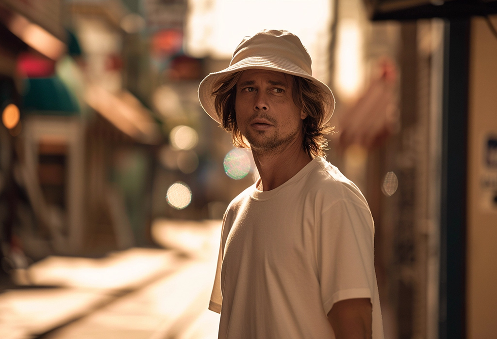 brad pitt wearing bucket hat