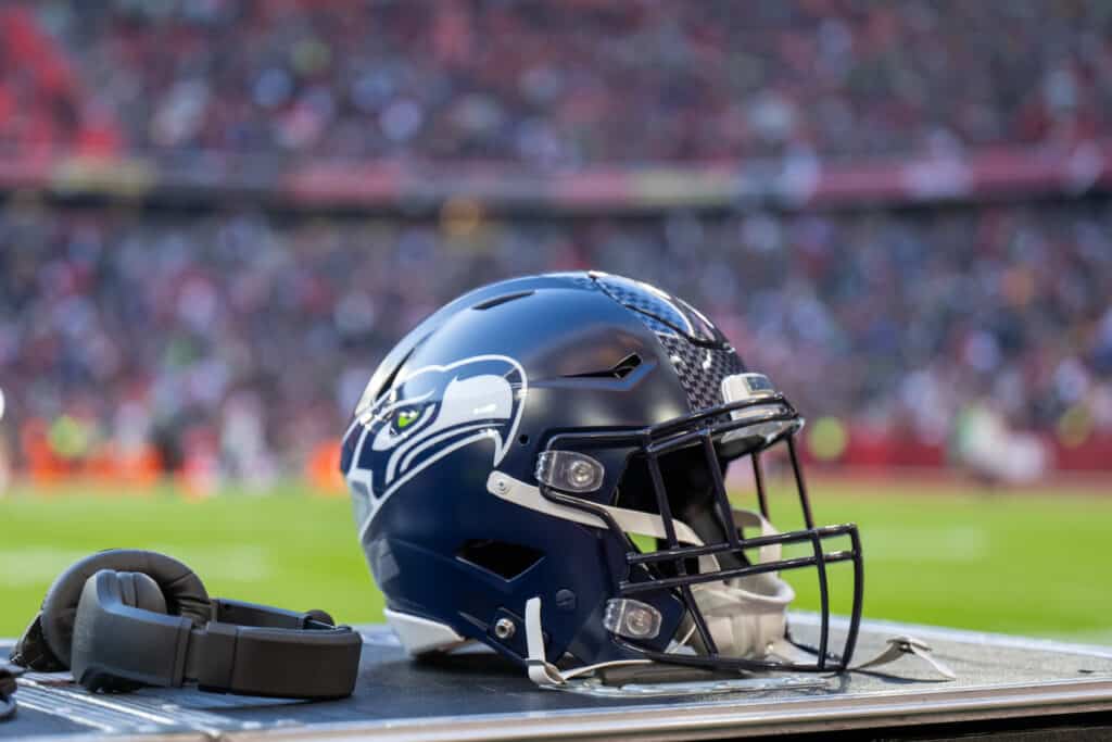 A helmet of the Seattle Seahawks is seen prior to the NFL match between Seattle Seahawks and Tampa Bay Buccaneers at Allianz Arena on November 13, 2022 in Munich, Germany.