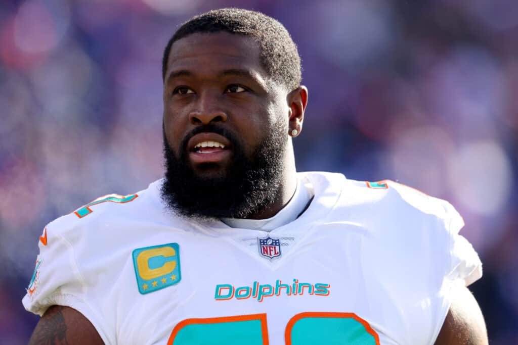 ORCHARD PARK, NEW YORK - JANUARY 15: Terron Armstead #72 of the Miami Dolphins looks on prior to a game against the Buffalo Bills in the AFC Wild Card playoff game at Highmark Stadium on January 15, 2023 in Orchard Park, New York. 