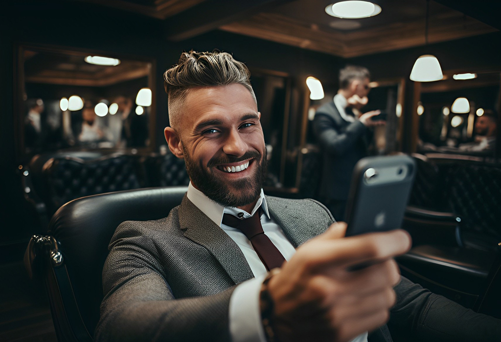 smiling man with smartphone phone