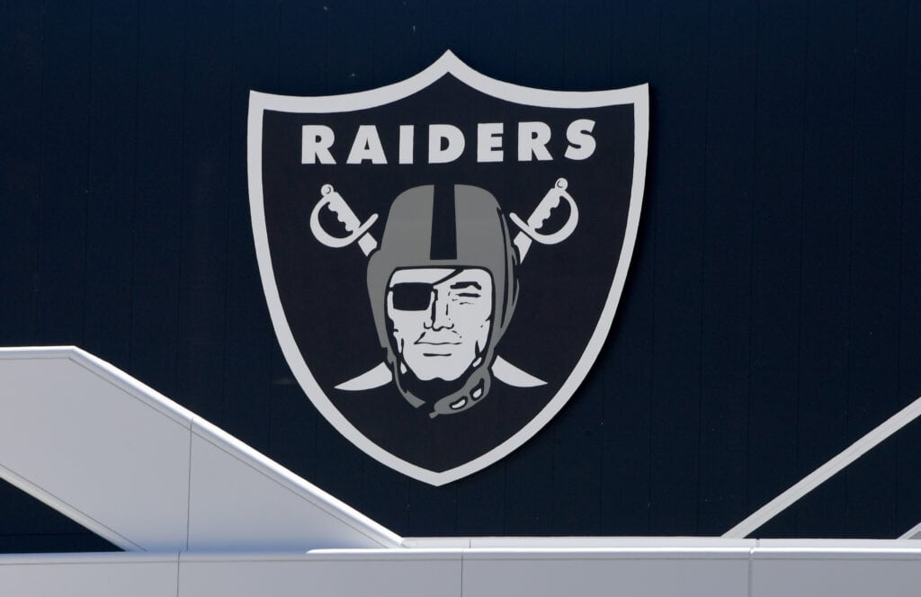 A team logo is shown above the entrance at the 336,000-square-foot Las Vegas Raiders Headquarters/Intermountain Healthcare Performance Center under construction on June 10, 2020 in Henderson, Nevada. The site will serve as the team's practice facility and will include three outdoor football fields, a 150,000-square-foot field house with one-and-a-half indoor football fields, a three-story office area, and a 50,000-square-foot performance center.
