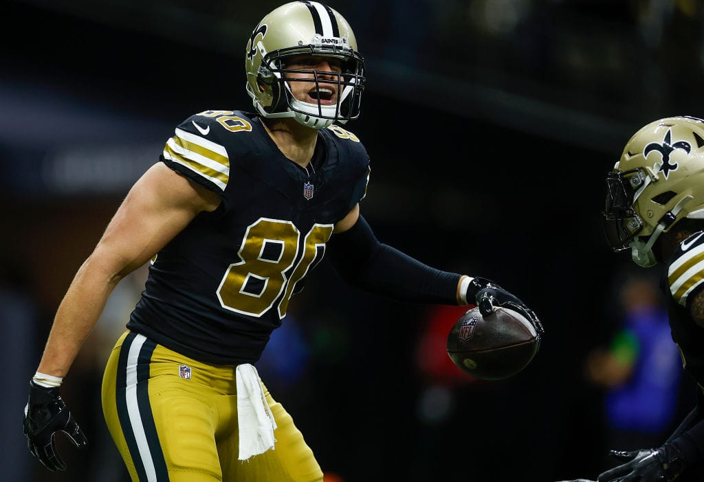 Jimmy Graham #80 of the New Orleans Saints reacts after a touchdown during the fourth quarter against the Carolina Panthers at Caesars Superdome on December 10, 2023 in New Orleans, Louisiana. 