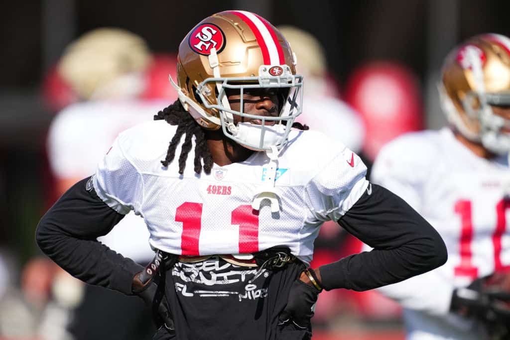 Brandon Aiyuk #11 looks on during San Francisco 49ers practice ahead of Super Bowl LVIII at Fertitta Football Complex on February 08, 2024 in Las Vegas, Nevada. 