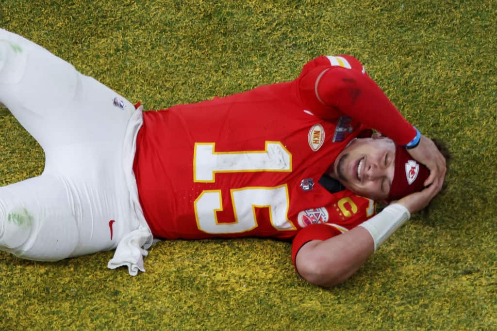 Patrick Mahomes #15 of the Kansas City Chiefs reacts after defeating the San Francisco 49ers 25-22 during Super Bowl LVIII at Allegiant Stadium on February 11, 2024 in Las Vegas, Nevada.