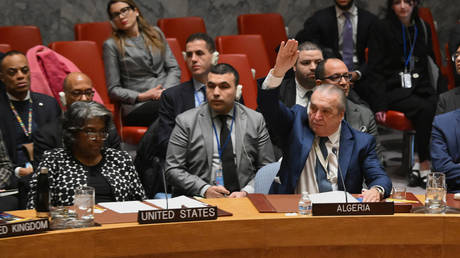 US Ambassador to the UN Linda Thomas-Greenfield listens as Algerian Ambassador Amar Bendjama speaks during a UN Security Council vote on the Israel-Hamas war, February 20, 2024.