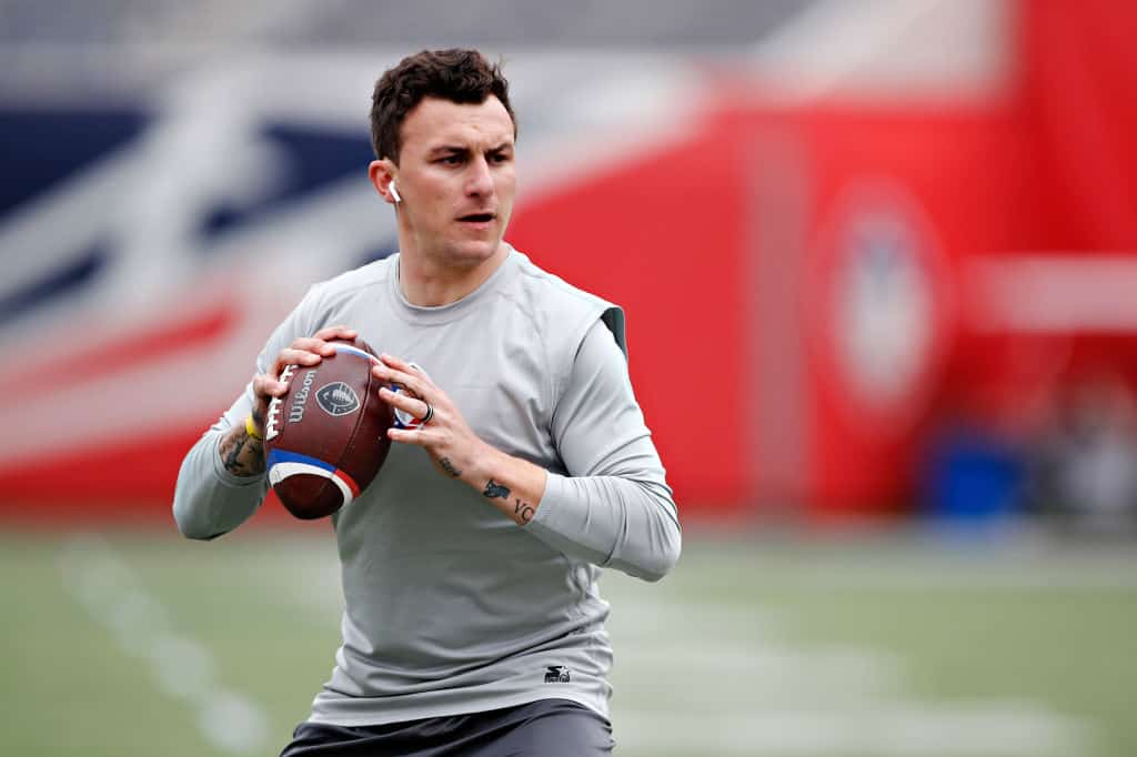 Johnny Manziel #2 of the Memphis Express warms up before a game against the Birmingham Iron at the Liberty Bowl Memorial Stadium on March 24, 2019 in Memphis, Tennessee. The Express defeated the Iron 31-25.