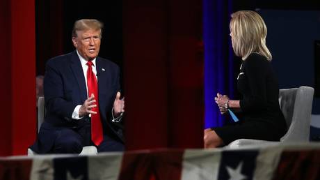 Former US President Donald Trump participates in a Fox News town hall with host Laura Ingraham on February 20, 2024.