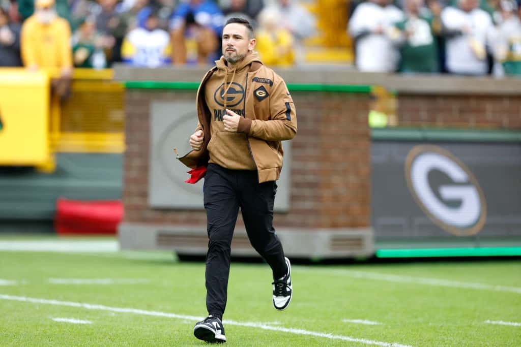 Head coach Matt LaFleur of the Green Bay Packers takes the field before a game against the Los Angeles Rams at Lambeau Field on November 05, 2023 in Green Bay, Wisconsin. 