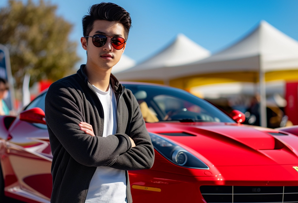 guy standing in front of a luxury carv  showing off