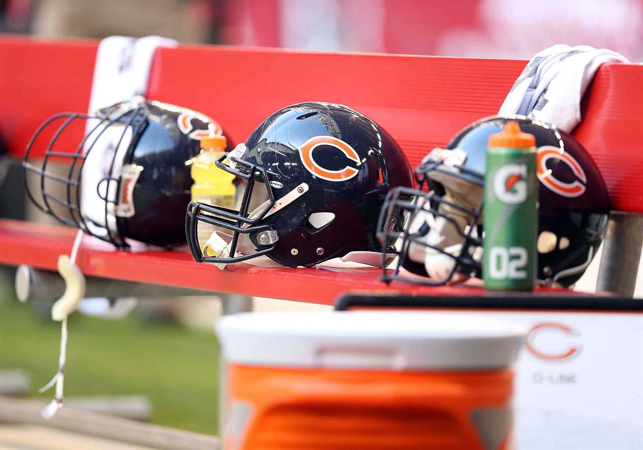 Detail of Chicago Bears helmets during the NFL game against the Arizona Cardinals at the University of Phoenix Stadium on December 23, 2012 in Glendale, Arizona.