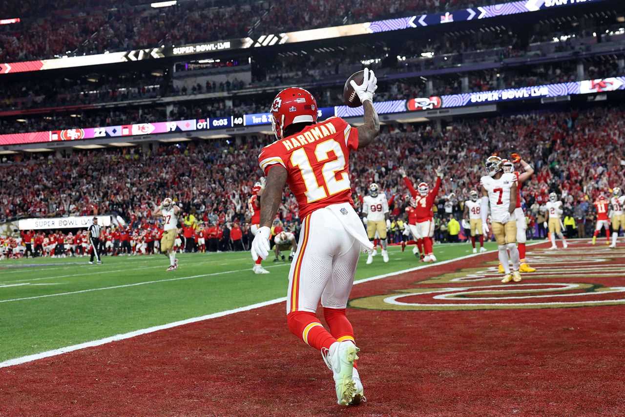 LAS VEGAS, NEVADA - FEBRUARY 11: Mecole Hardman Jr. #12 of the Kansas City Chiefs celebrates after catching the game-winning touchdown in overtime to defeat the San Francisco 49ers 25-22 during Super Bowl LVIII at Allegiant Stadium on February 11, 2024 in Las Vegas, Nevada.