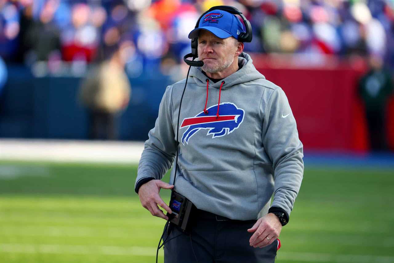 Head coach Sean McDermott of the Buffalo Bills looks on against the Miami Dolphins during the second quarter of the game in the AFC Wild Card playoff game at Highmark Stadium on January 15, 2023 in Orchard Park, New York.