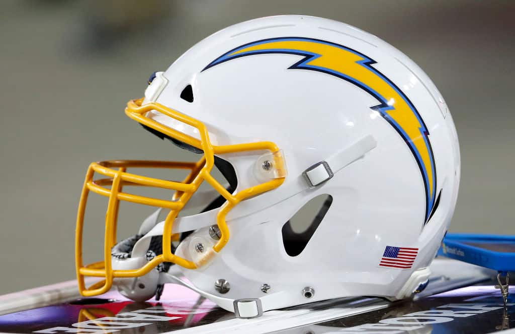 Los Angeles Chargers helmet on the sidelines prior to the start of the NFL preseason game the Arizona Cardinals at State Farm Stadium on August 08, 2019 in Glendale, Arizona.