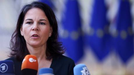 German Foreign Minister Annalena Baerbock speaks to the media ahead of a Foreign Affairs Council (FAC) meeting in Brussels, on February 19, 2024.