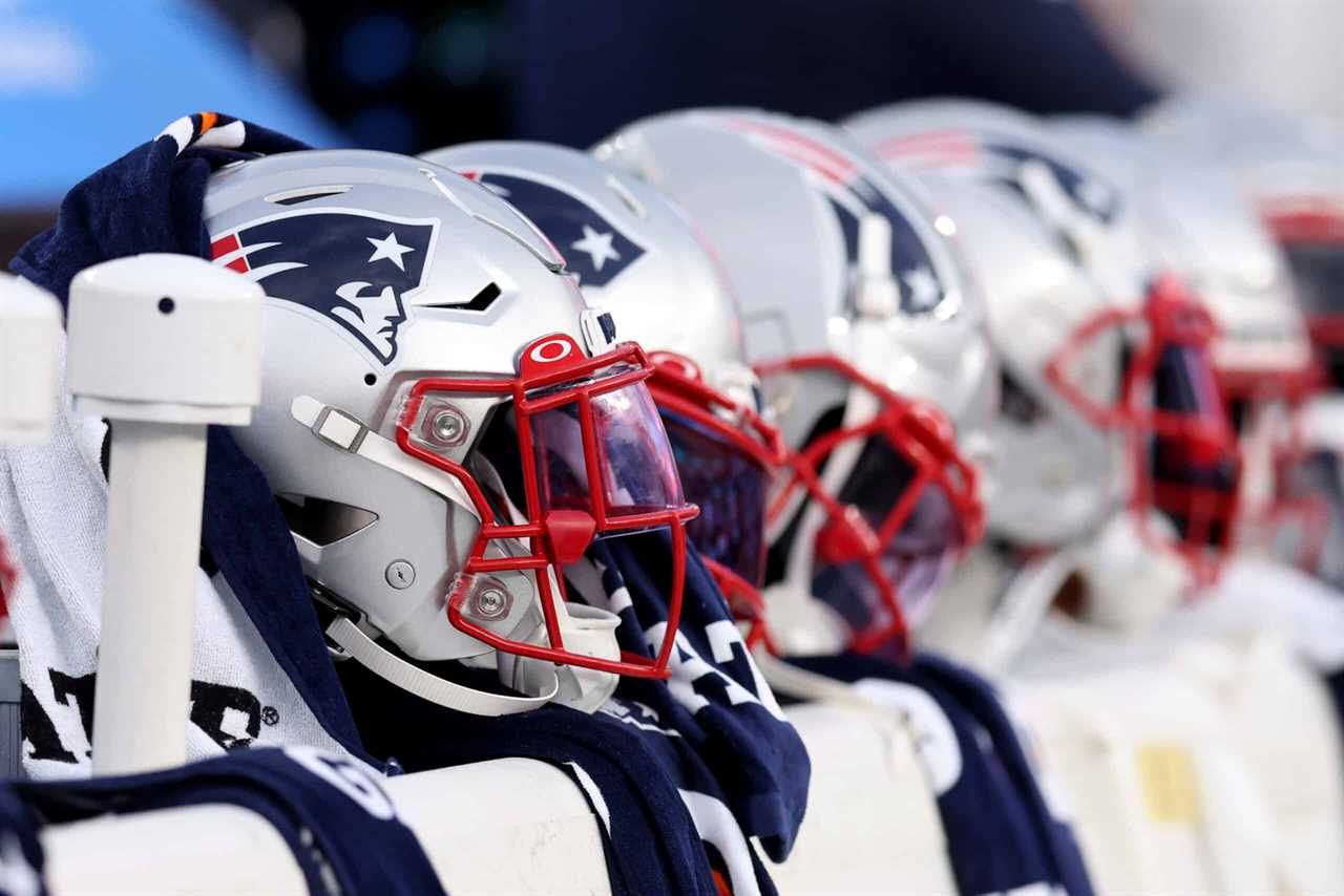 FOXBOROUGH, MASSACHUSETTS - AUGUST 11: A view of New England Patriots helmets on the bench during the preseason game between the New York Giants and the New England Patriots at Gillette Stadium on August 11, 2022 in Foxborough, Massachusetts.