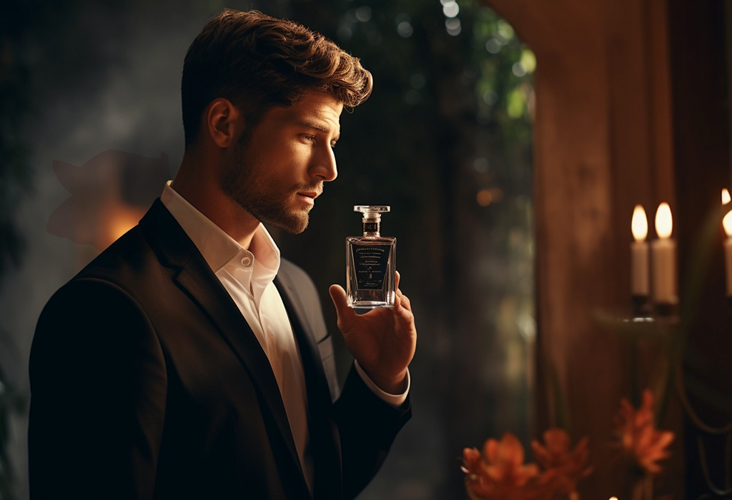 handsome man tries cologne