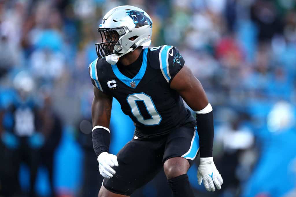 Brian Burns #0 of the Carolina Panthers readies for the play during the second half of the game against the Green Bay Packers at Bank of America Stadium on December 24, 2023 in Charlotte, North Carolina.