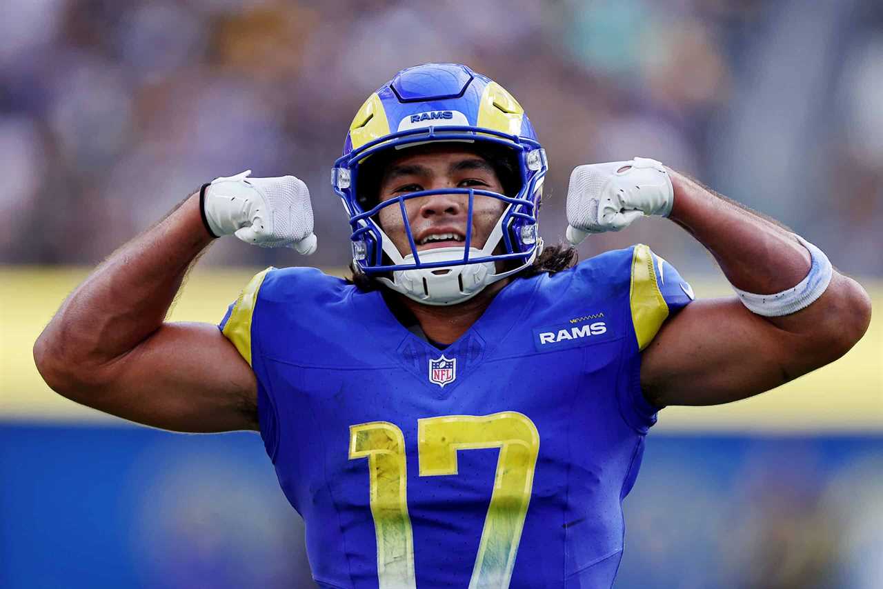 Puka Nacua #17 of the Los Angeles Rams celebrates a two point conversion score during the third quarter against the Pittsburgh Steelers at SoFi Stadium on October 22, 2023 in Inglewood, California.