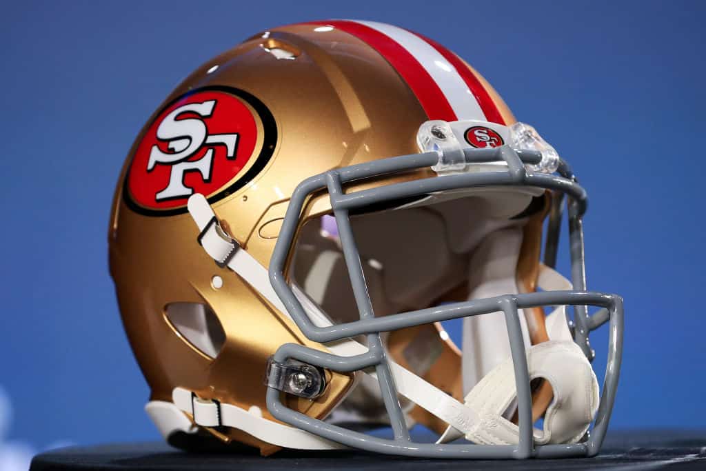 A San Francisco 49ers helmet is displayed prior to a press conference with NFL Commissioner Roger Goodell for Super Bowl LIV at the Hilton Miami Downtown on January 29, 2020 in Miami, Florida. The 49ers will face the Kansas City Chiefs in the 54th playing of the Super Bowl, Sunday February 2nd.