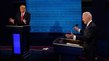 US President Donald Trump (L) and Democratic Party candidate Joe Biden at the final presidential debate at Belmont University in Nashville, Tennessee, October 22, 2020.