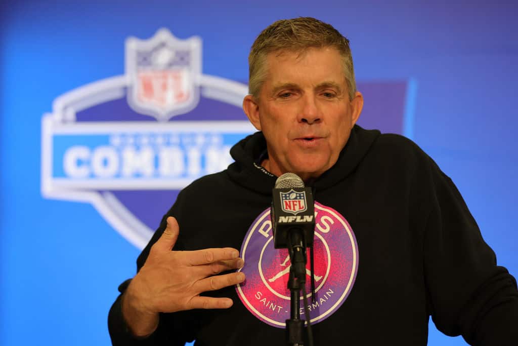 Head coach Sean Payton of the Denver Broncos speaks to the media during the NFL Combine at the Indiana Convention Center on February 27, 2024 in Indianapolis, Indiana.