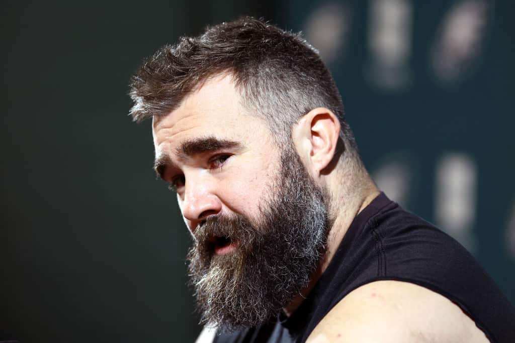 Jason Kelce #62 of the Philadelphia Eagles reacts after announcing his retirement from the NFL at NovaCare Complex on March 04, 2024 in Philadelphia, Pennsylvania.