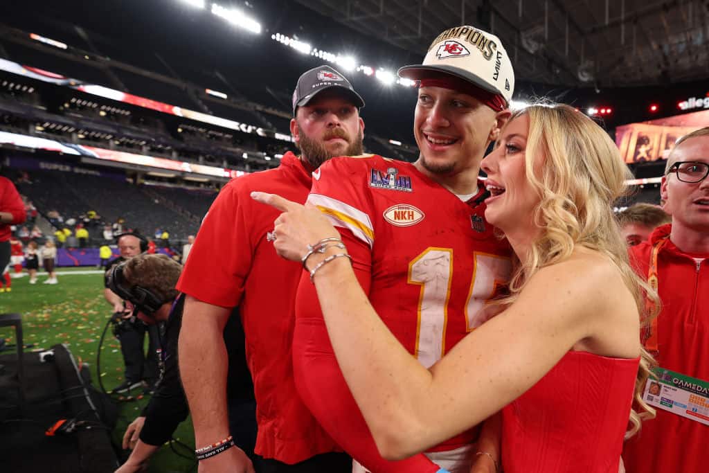 Patrick Mahomes #15 of the Kansas City Chiefs celebrates with wife Brittany Mahomes after defeating the San Francisco 49ers 25-22 during Super Bowl LVIII at Allegiant Stadium on February 11, 2024 in Las Vegas, Nevada.