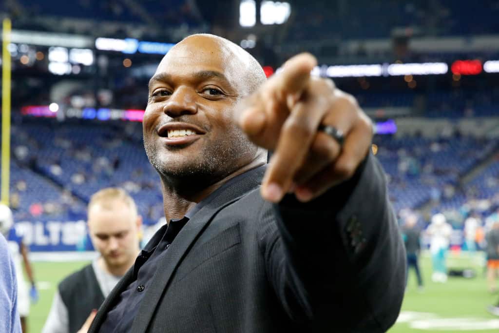 Former defensive end Dwight Freeney of the Indianapolis Colts on the sidelines before the game against the Miami Dolphins at Lucas Oil Stadium on November 10, 2019 in Indianapolis, Indiana.