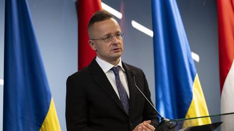 Peter Szijjarto speaks during a press conference with his Ukrainian counterpart Dmitry Kuleba in Kamyanitsa, Ukraine, January 29, 2024