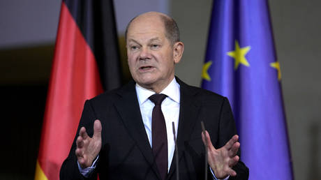 German Chancellor Olaf Scholz attends a press conference in Berlin, Germany, February 12, 2024.