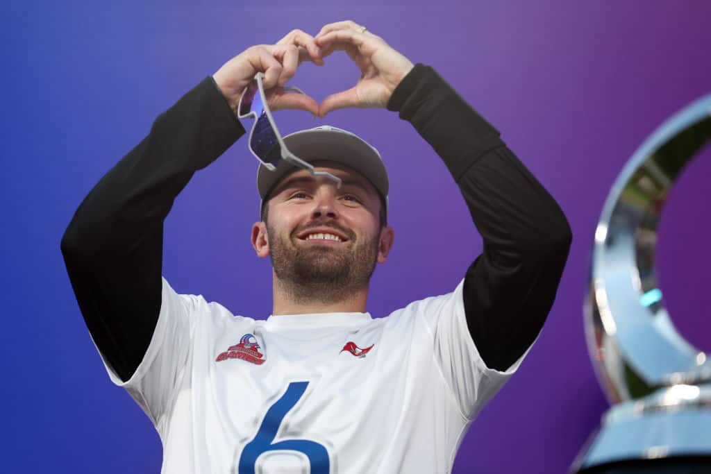 Baker Mayfield #6 of the Tampa Bay Buccaneers and NFC reacts after defeating the AFC 64-59 during the 2024 NFL Pro Bowl Games at Camping World Stadium on February 04, 2024 in Orlando, Florida.