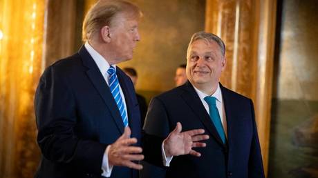 Donald Trump shows Hungarian Prime Minister Viktor Orban around his Mar-a-Lago residence in Florida.