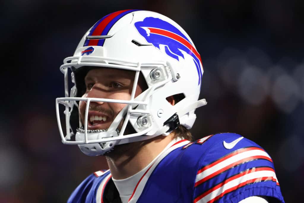 Josh Allen #17 of the Buffalo Bills warms up prior to a game against the Denver Broncos at Highmark Stadium on November 13, 2023 in Orchard Park, New York.
