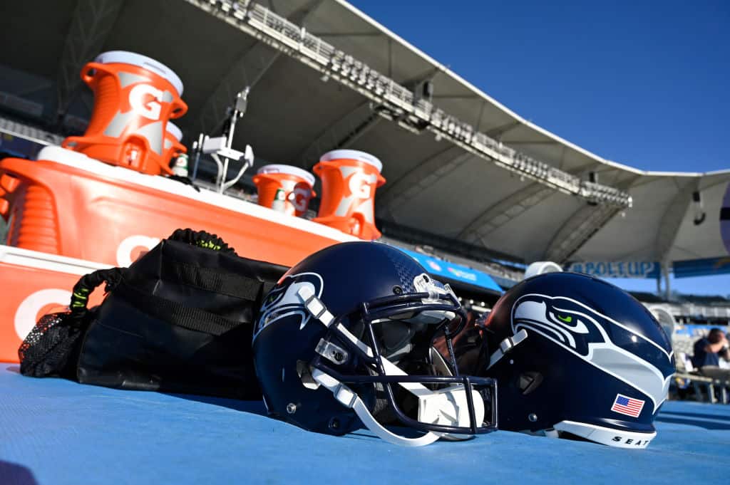 Seattle Seahawks helmets on the sideline before a preseason game against the Los Angeles Chargers at Dignity Health Sports Park on August 24, 2019 in Carson, California.