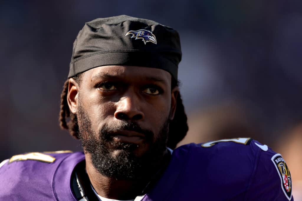 BALTIMORE, MARYLAND - NOVEMBER 05: Jadeveon Clowney #24 of the Baltimore Ravens looks on prior to a game against the Seattle Seahawks at M&T Bank Stadium on November 05, 2023 in Baltimore, Maryland. 