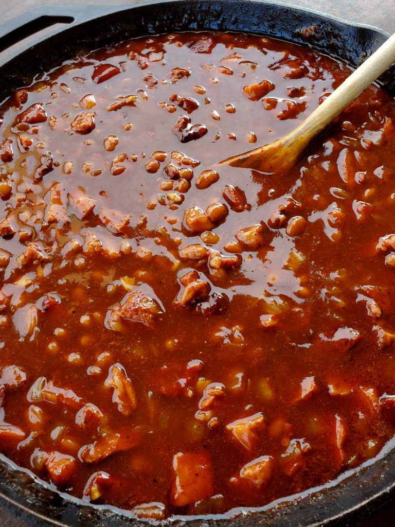 Pellet grill baked beans close up