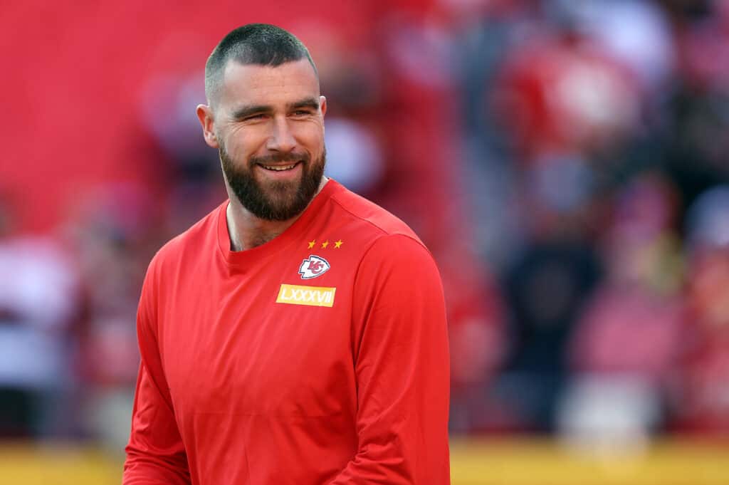 KANSAS CITY, MISSOURI - DECEMBER 10: Tight end Travis Kelce #87 of the Kansas City Chiefs warms up prior to the game between the Buffalo Bills and the Kansas City Chiefs at GEHA Field at Arrowhead Stadium on December 10, 2023 in Kansas City, Missouri.