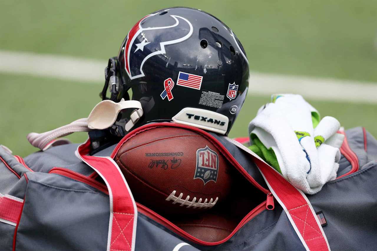 BALTIMORE, MARYLAND - SEPTEMBER 10: A Houston Texans helmet sits on the sideline during the Texans and Baltimore Ravens game at M&T Bank Stadium on September 10, 2023 in Baltimore, Maryland.