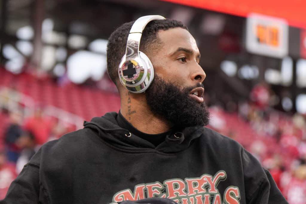 SANTA CLARA, CALIFORNIA - DECEMBER 25: Odell Beckham Jr. #3 of the Baltimore Ravens looks on prior to a game against the San Francisco 49ers at Levi's Stadium on December 25, 2023 in Santa Clara, California