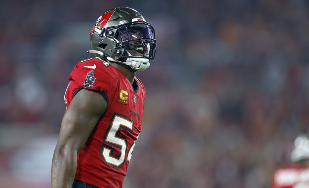 TAMPA, FLORIDA - JANUARY 15: Lavonte David #54 of the Tampa Bay Buccaneers reacts to a play during the NFC Wild Card game against the Philadelphia Eagles at Raymond James Stadium on January 15, 2024 in Tampa, Florida. 