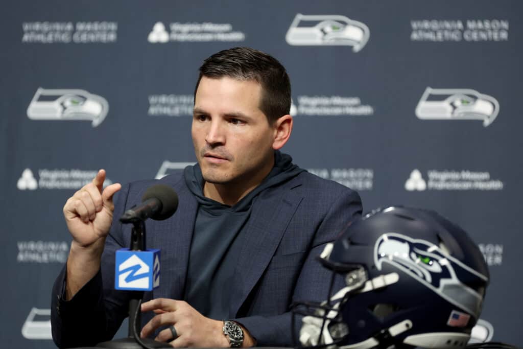 RENTON, WASHINGTON - FEBRUARY 01: Mike Macdonald as Macdonald speaks to the media as he is named the new head coach of the Seattle Seahawks at Virginia Mason Athletic Center on February 01, 2024 in Renton, Washington. 