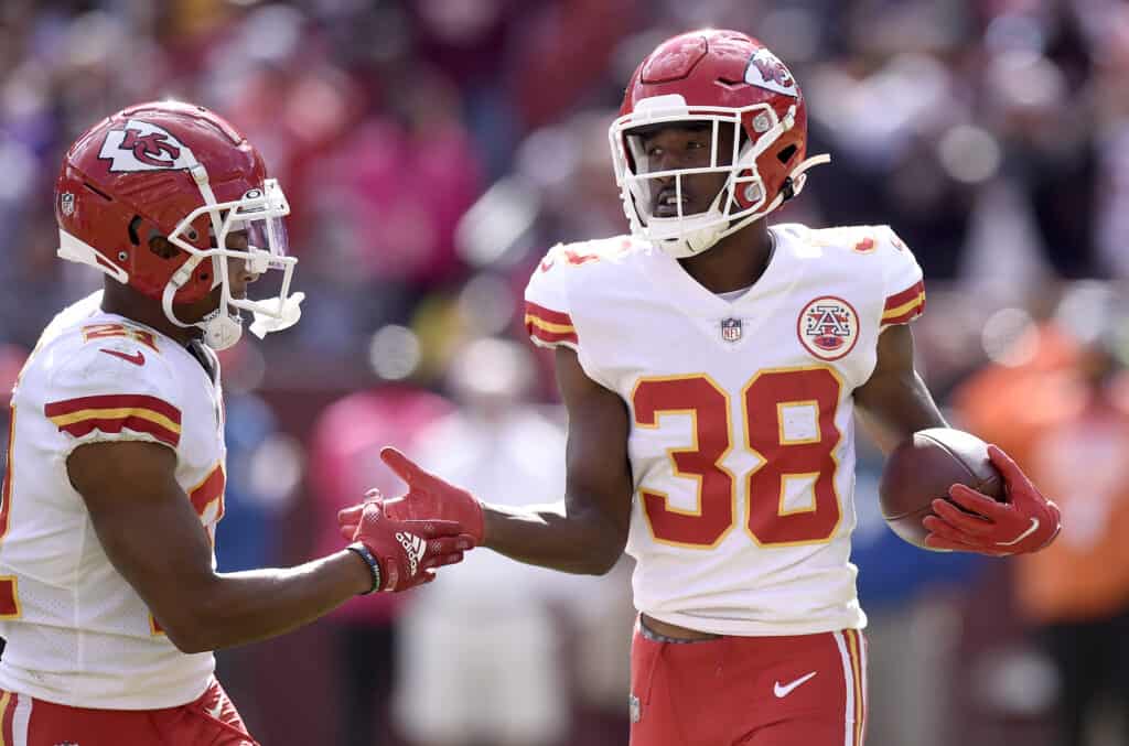 LANDOVER, MARYLAND - OCTOBER 17: L'Jarius Sneed #38 of the Kansas City Chiefs celebrates after recovering a fumble against the Washington Football Team during the second quarter at FedExField on October 17, 2021 in Landover, Maryland. 