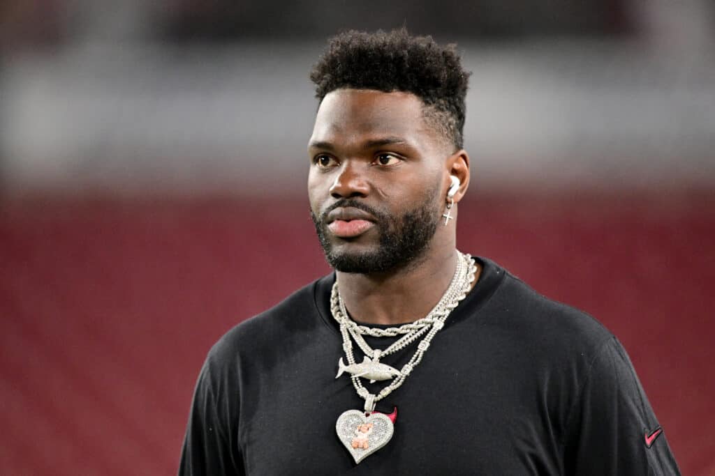 TAMPA, FLORIDA - JANUARY 15: Shaquil Barrett #7 of the Tampa Bay Buccaneers looks on prior to the NFC Wild Card Playoffs against the Philadelphia Eagles at Raymond James Stadium on January 15, 2024 in Tampa, Florida.