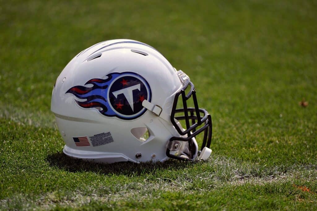 A helmet rests on the ground at the Tennessee Titans rookie camp on May 16, 2014 in Nashville, Tennessee.